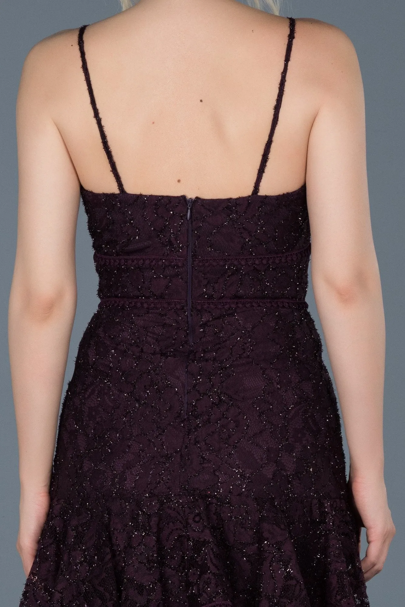 15761 Plum Tiered Sequined Lace Dress