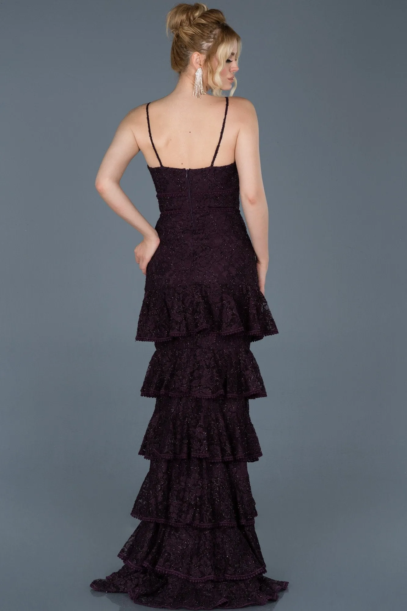 15761 Plum Tiered Sequined Lace Dress