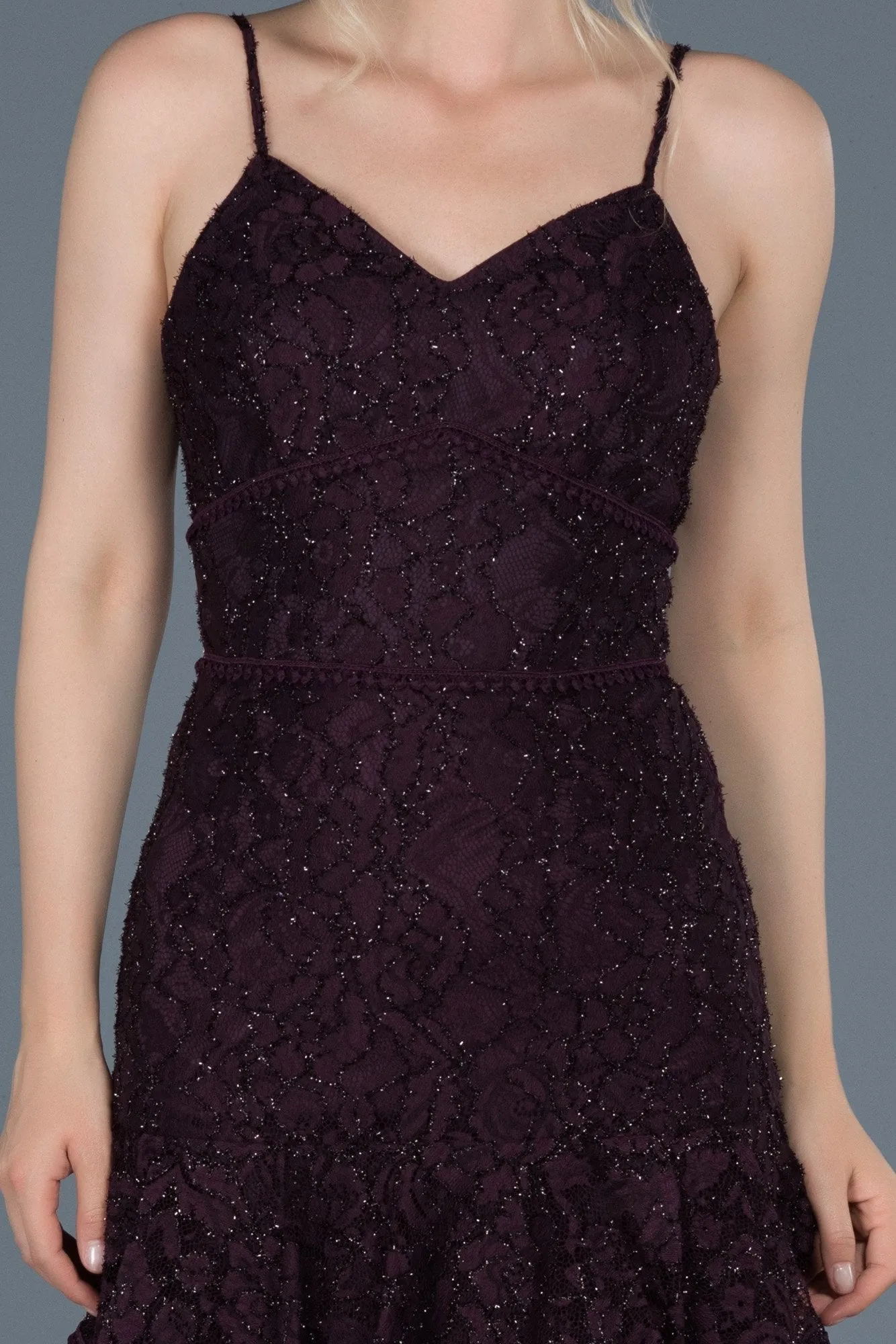 15761 Plum Tiered Sequined Lace Dress