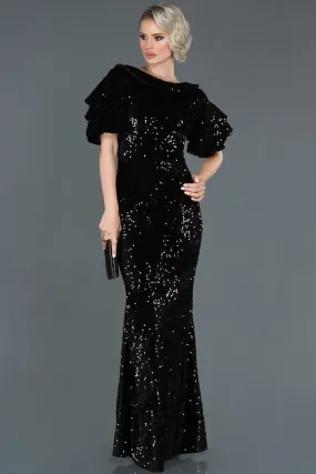 16085 Black Sequined Velvet Evening Dress