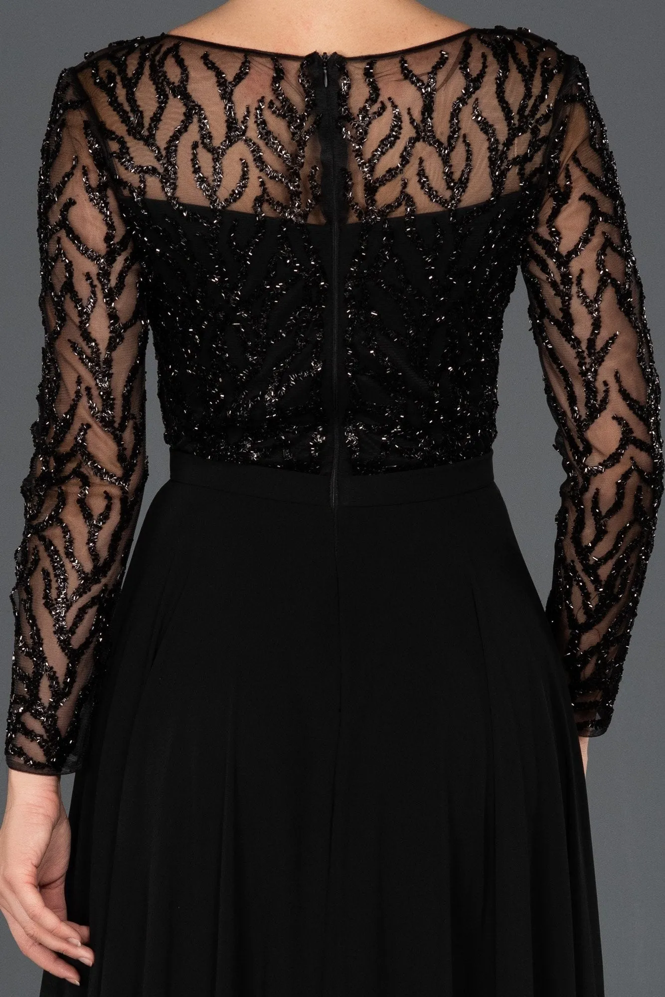 16593 Black Sequined Tulle Chiffon Slit Dress