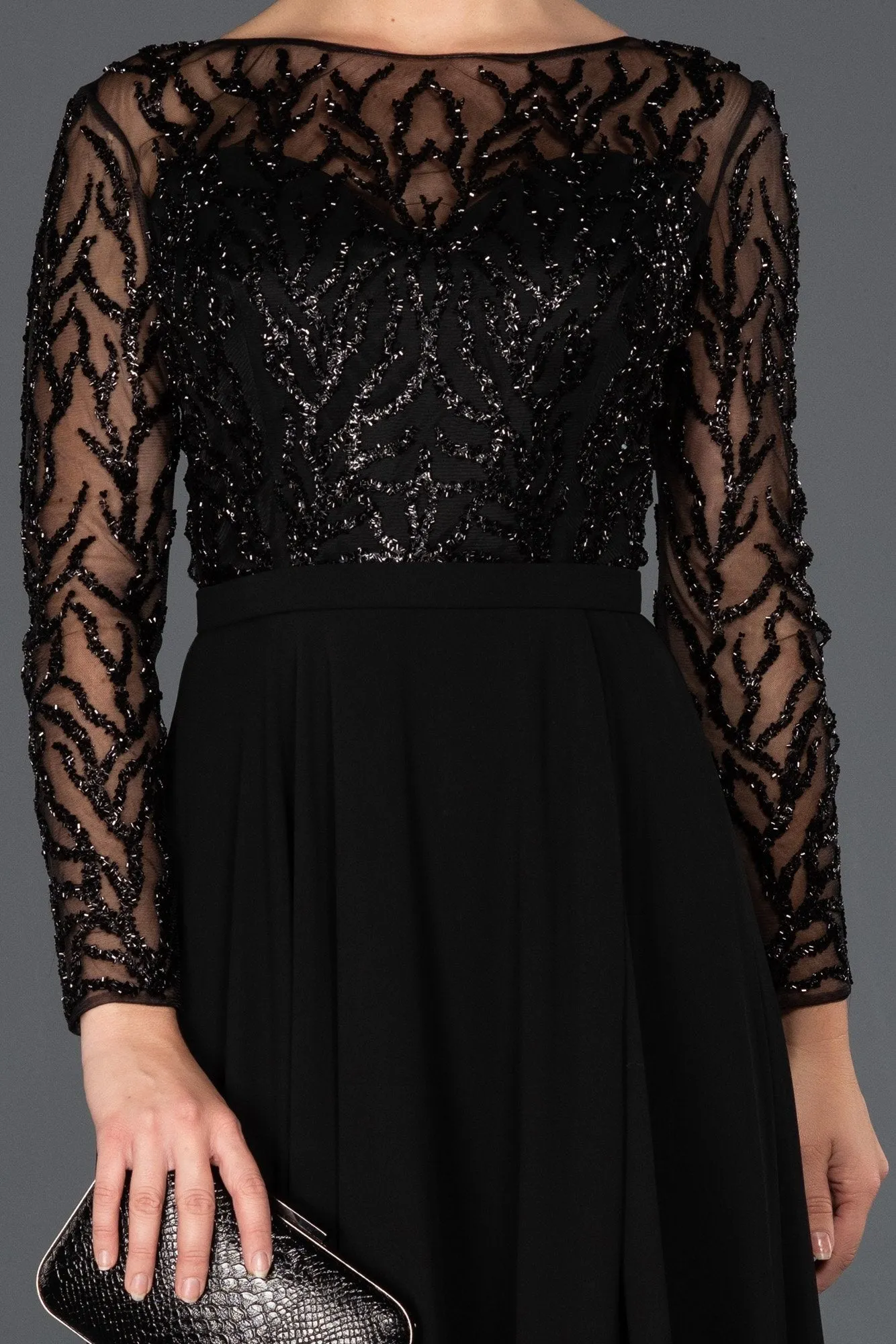 16593 Black Sequined Tulle Chiffon Slit Dress