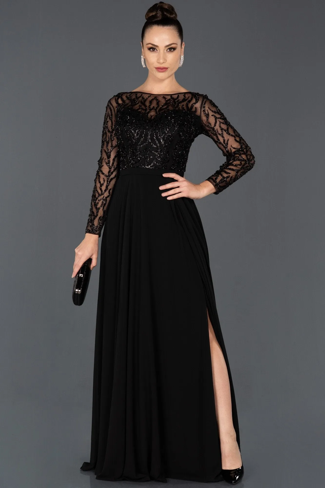 16593 Black Sequined Tulle Chiffon Slit Dress