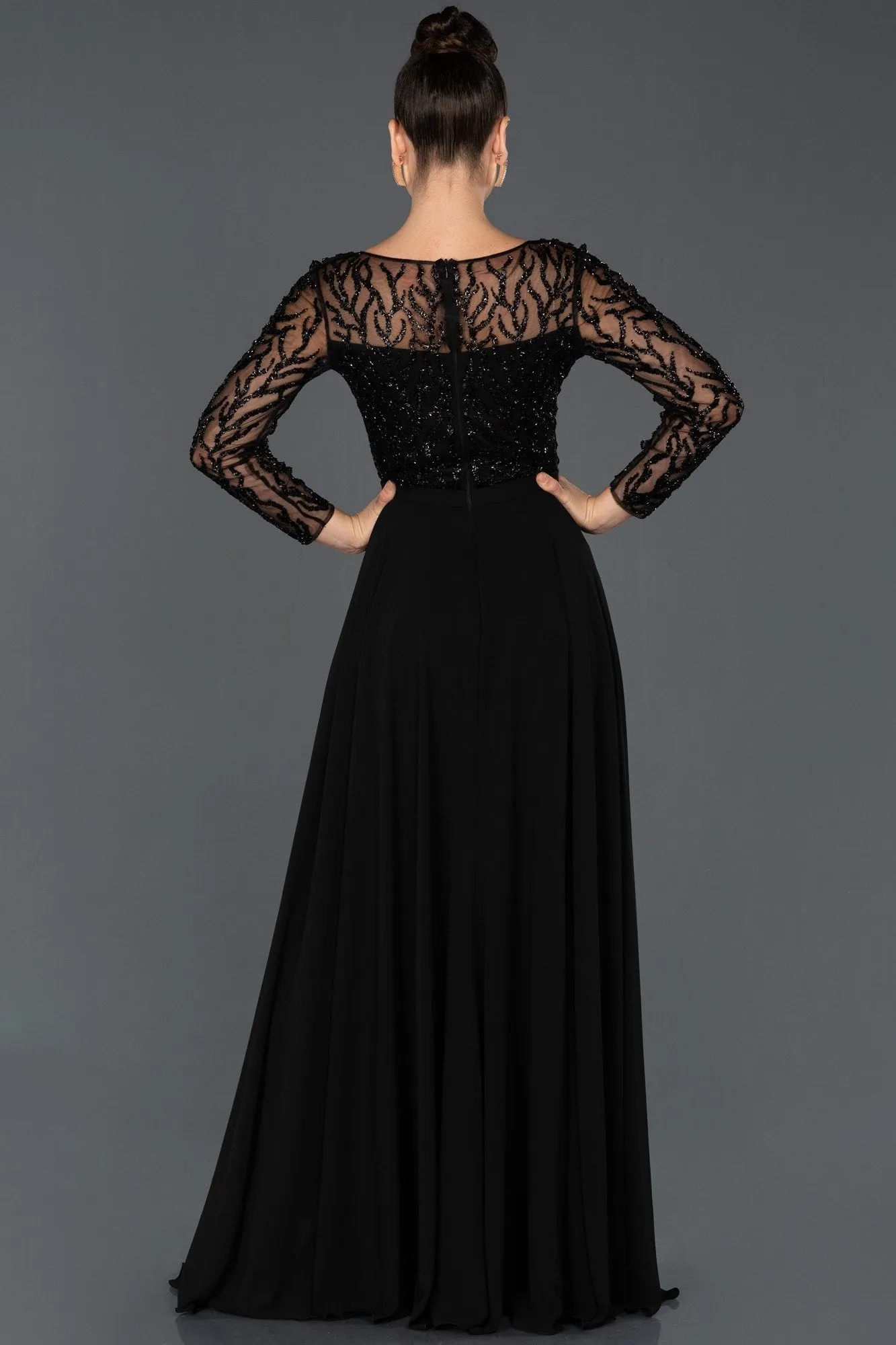 16593 Black Sequined Tulle Chiffon Slit Dress