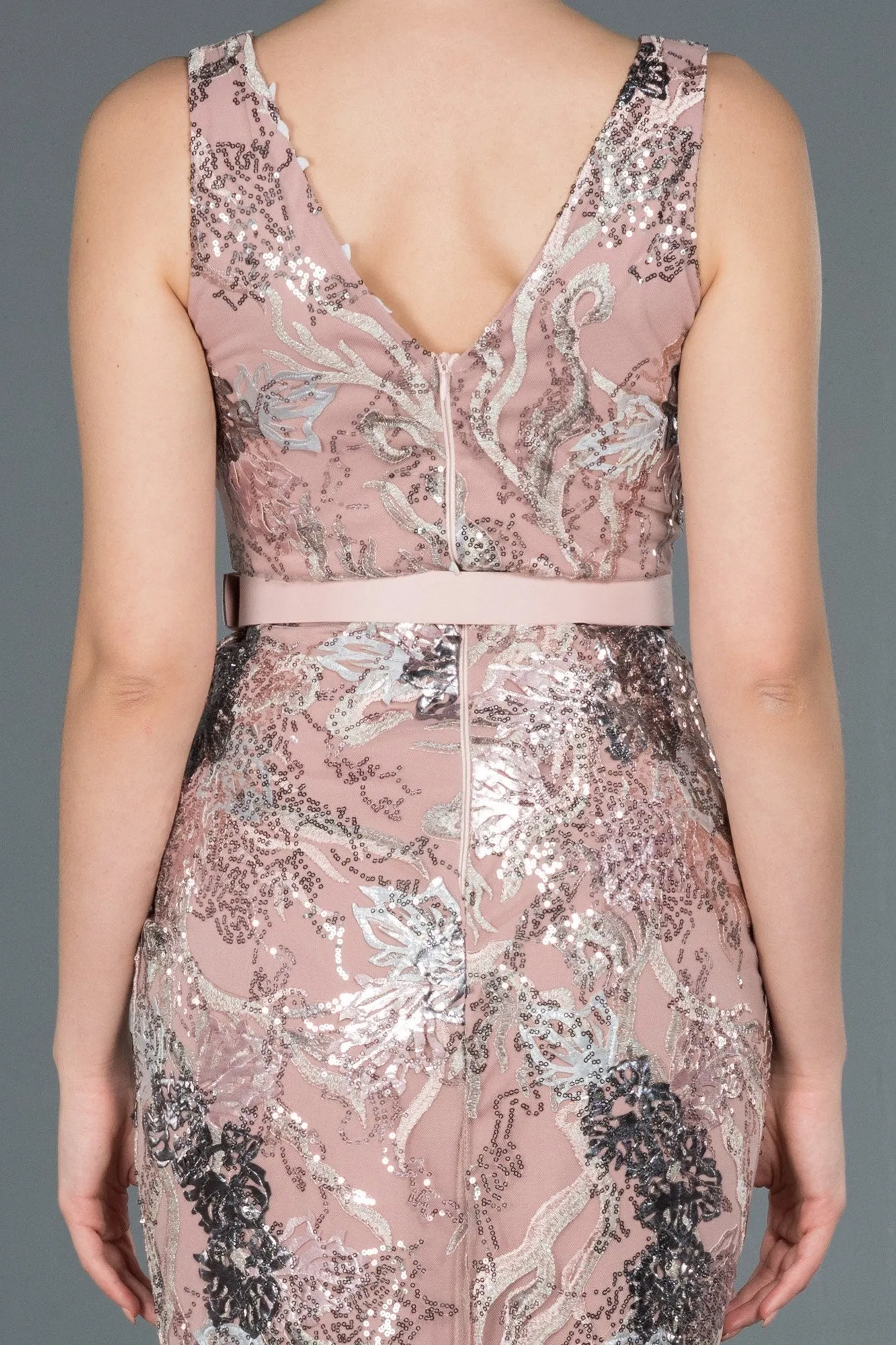 16600 Pink Embroidered Sequined Tulle Belt Mermaid Dress