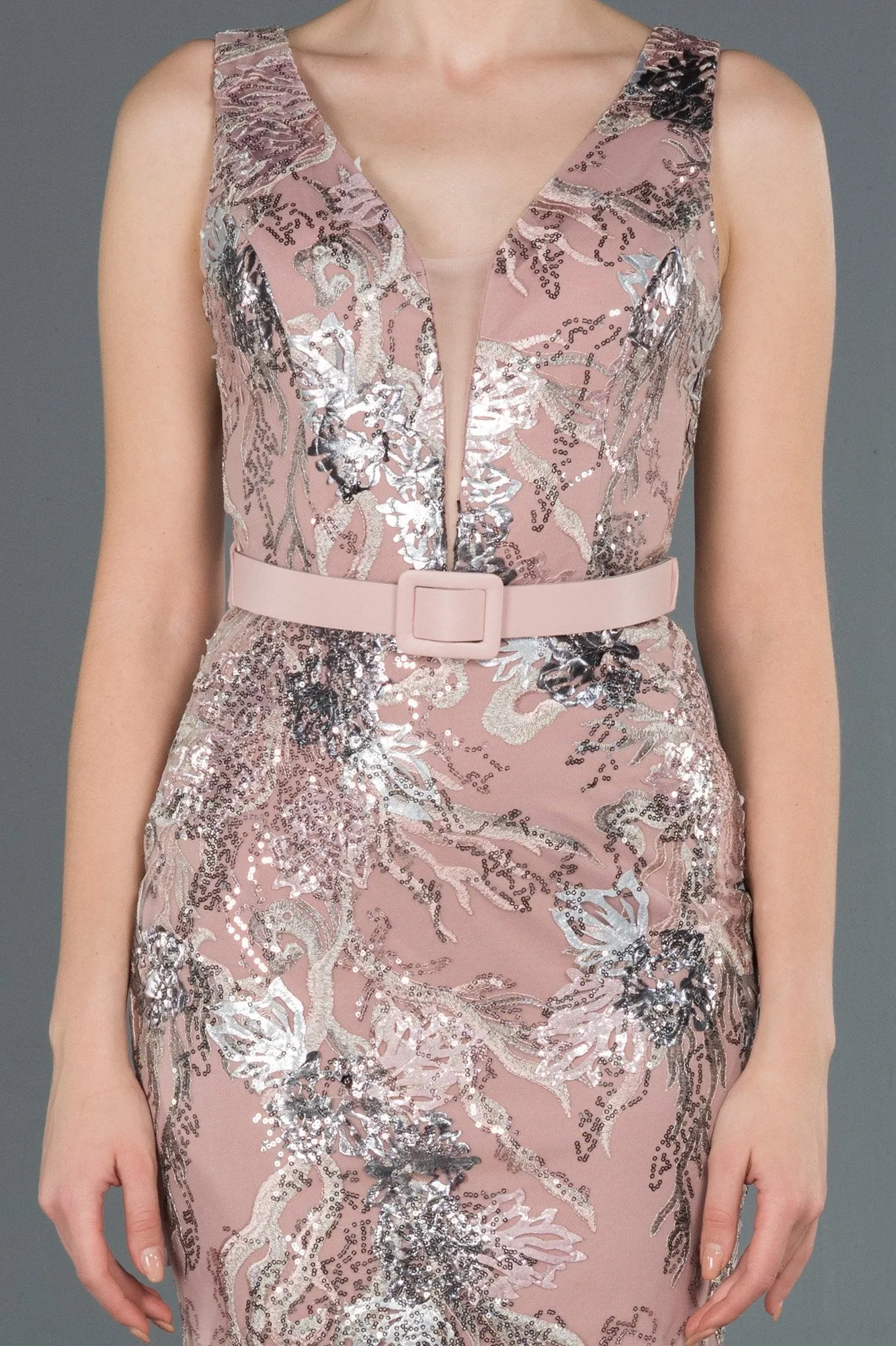 16600 Pink Embroidered Sequined Tulle Belt Mermaid Dress