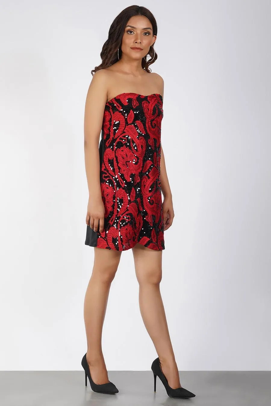 Black & Red Embroidered Short Dress