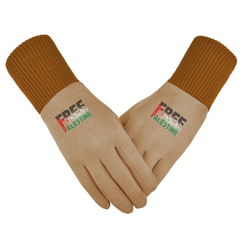 Free Palestine Sticker Unisex Suede Fabric Gloves - Khaki