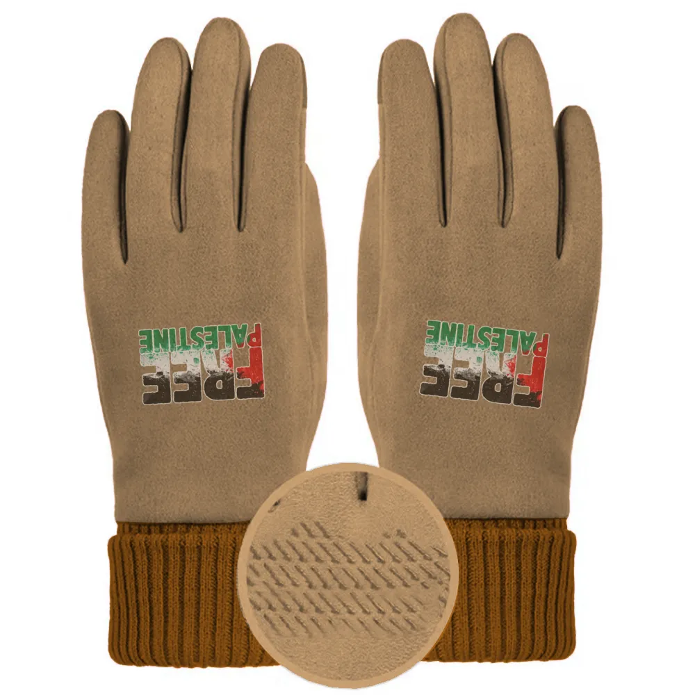 Free Palestine Sticker Unisex Suede Fabric Gloves - Khaki