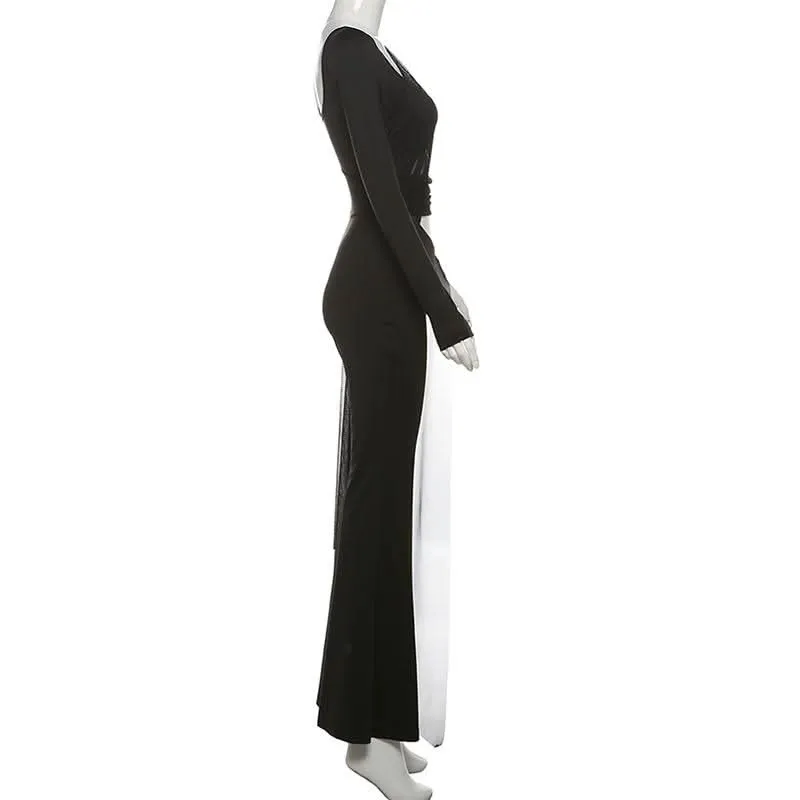 Long sleeve mesh patchwork hollow out jumpsuit