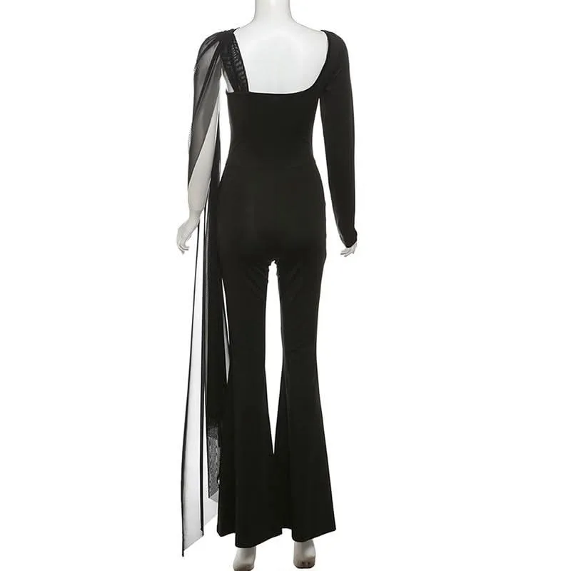 Long sleeve mesh patchwork hollow out jumpsuit