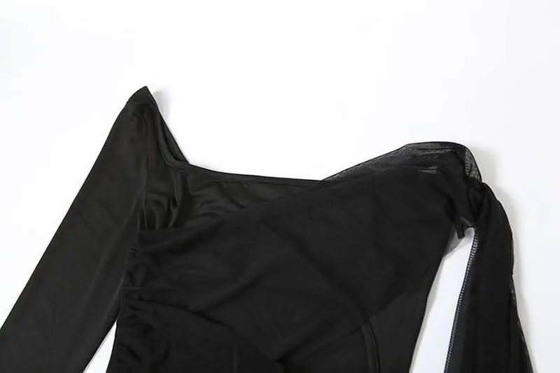 Long sleeve mesh patchwork hollow out jumpsuit