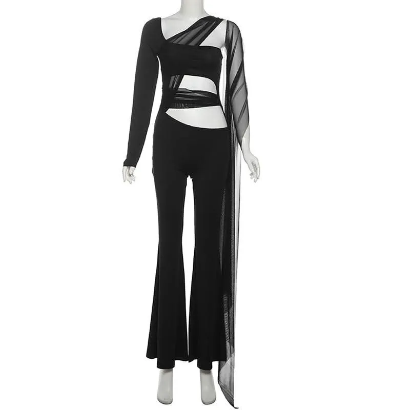 Long sleeve mesh patchwork hollow out jumpsuit
