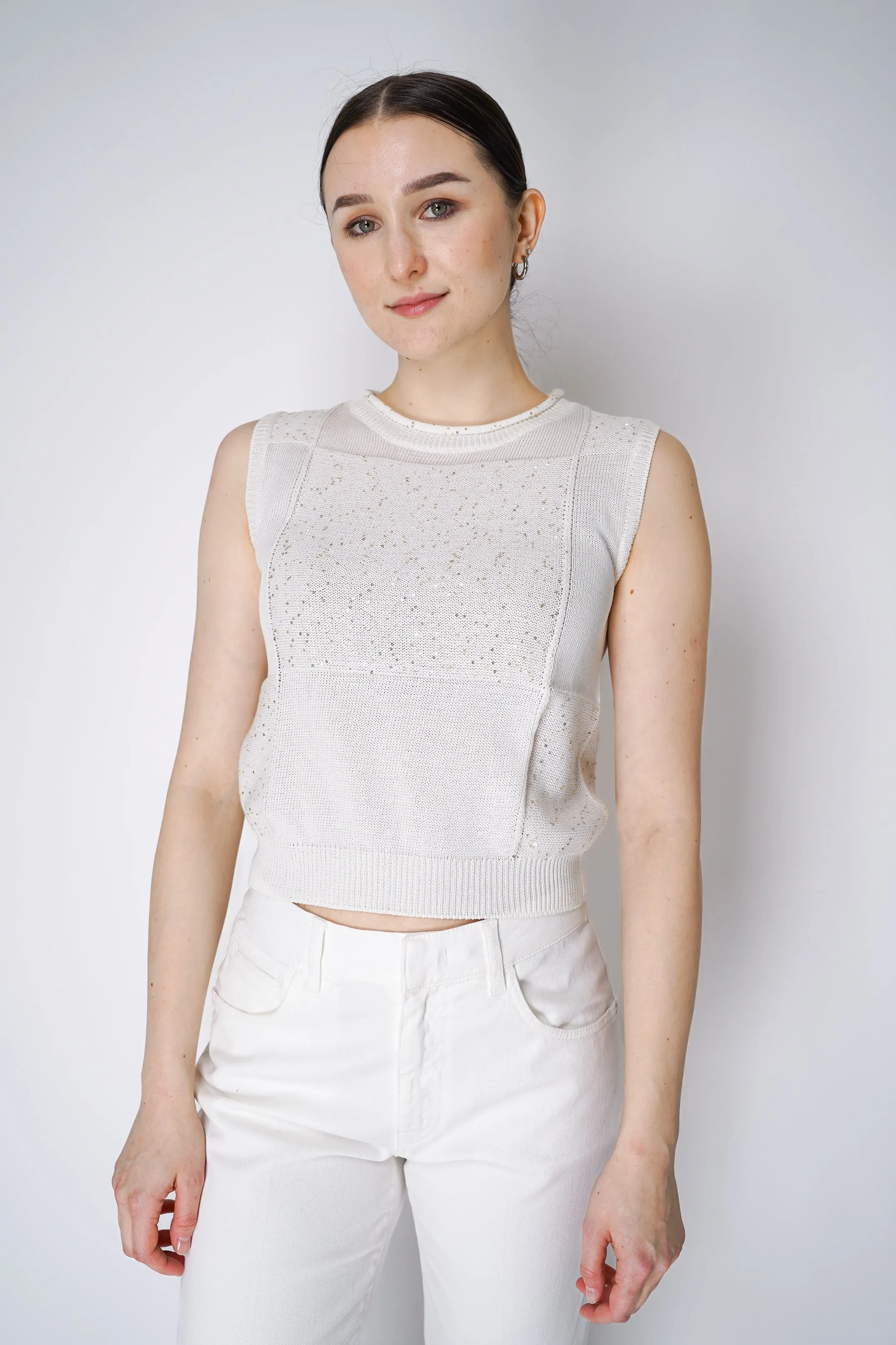 Lorena Antoniazzi Sequined Knit Vest Top in White