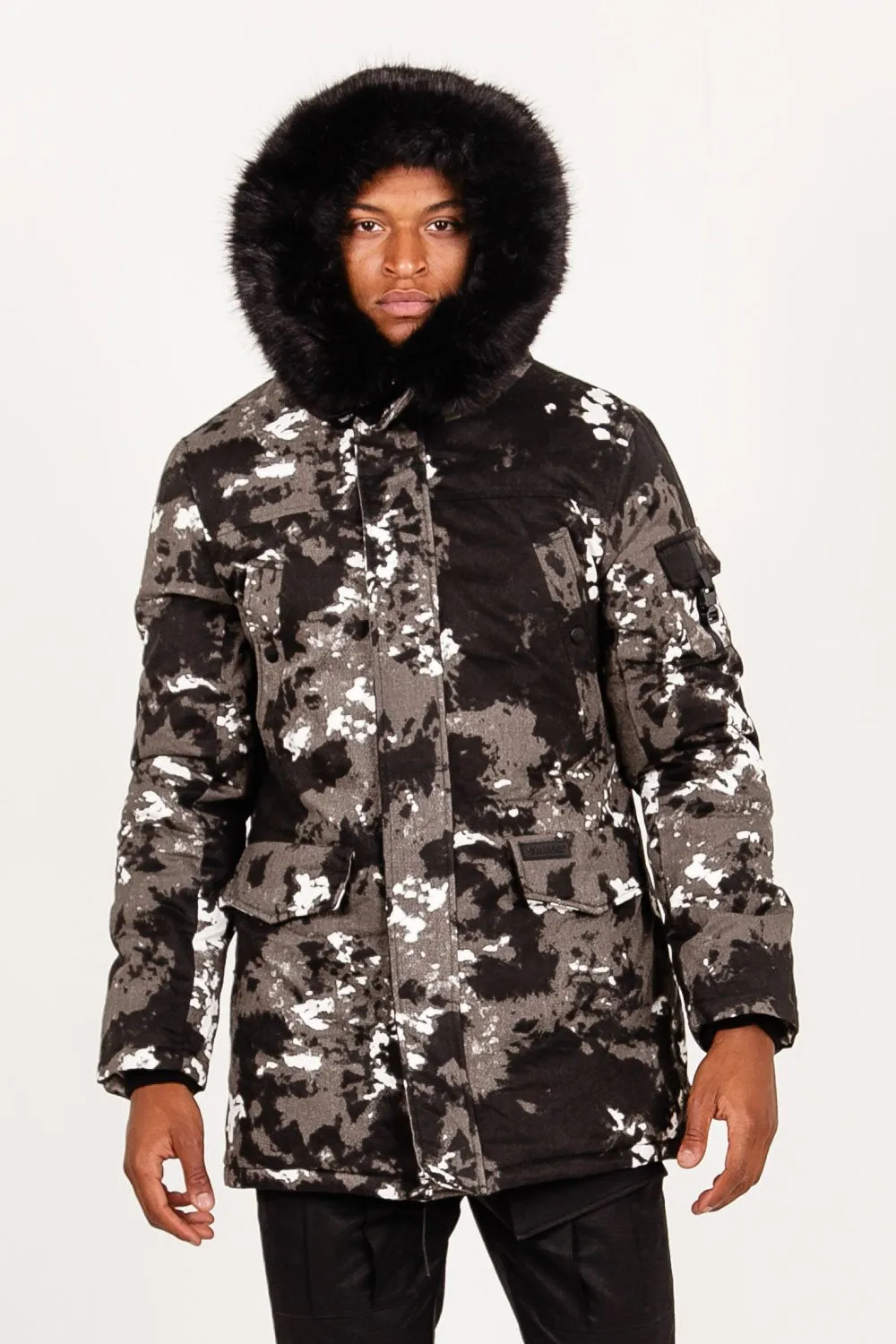 Parka fourrure imprimé montagne Noir
