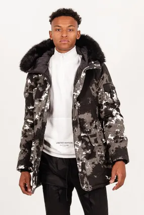 Parka fourrure imprimé montagne Noir