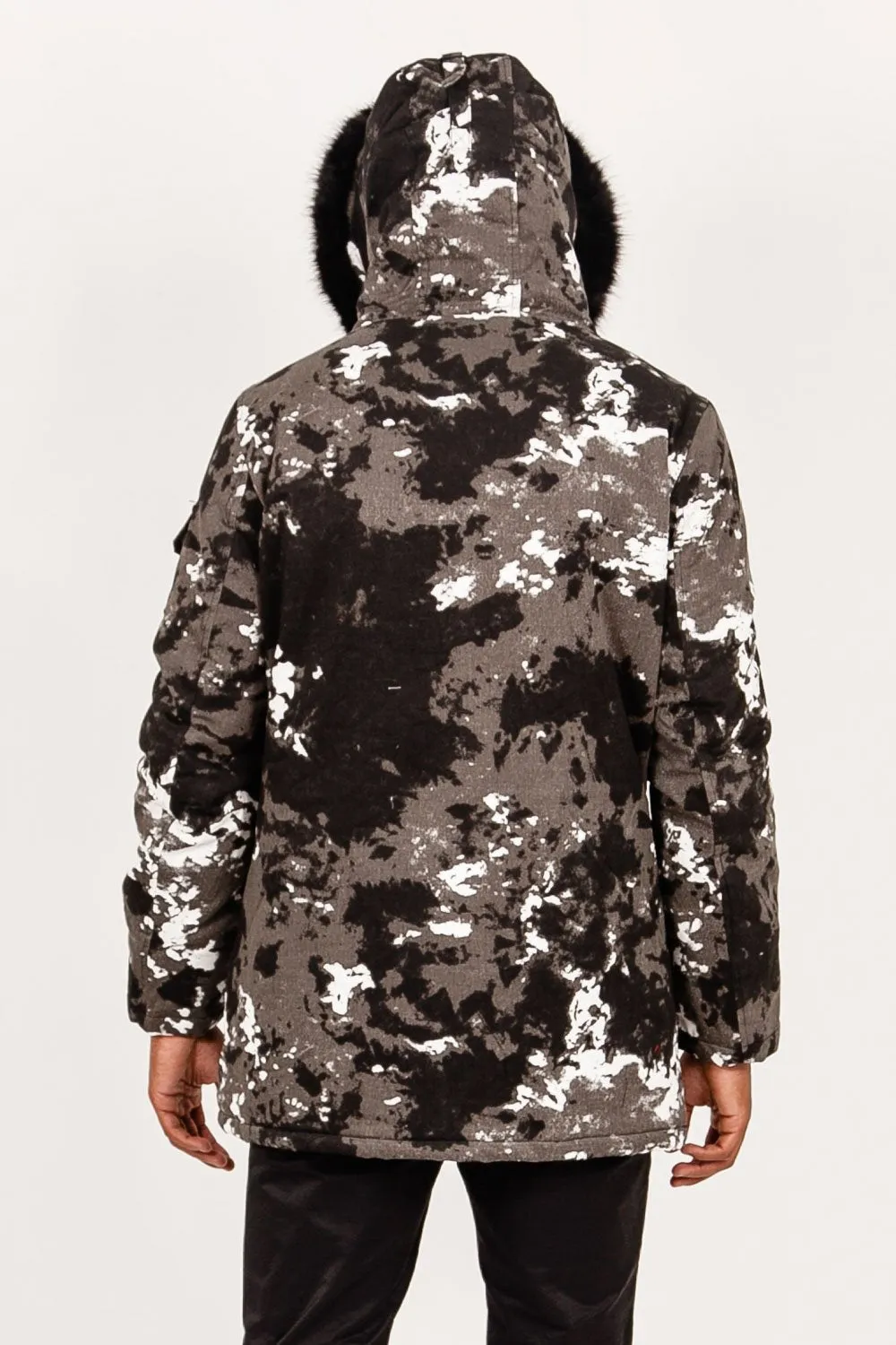 Parka fourrure imprimé montagne Noir