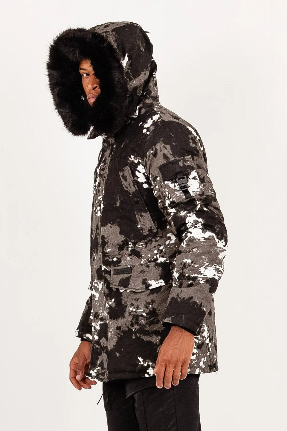 Parka fourrure imprimé montagne Noir