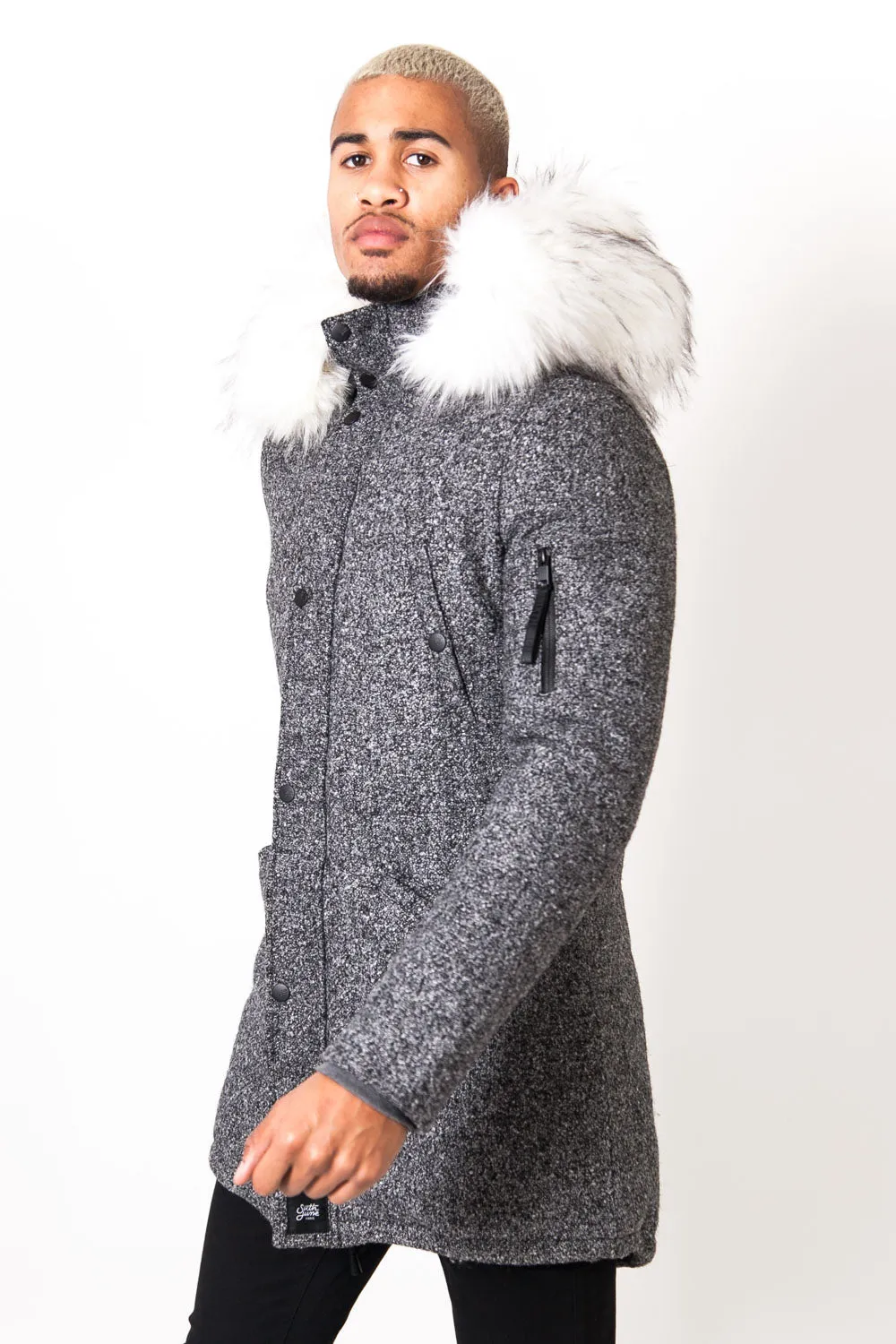 Parka laine large fourrure gris blanc
