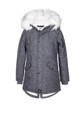 Parka laine large fourrure gris blanc
