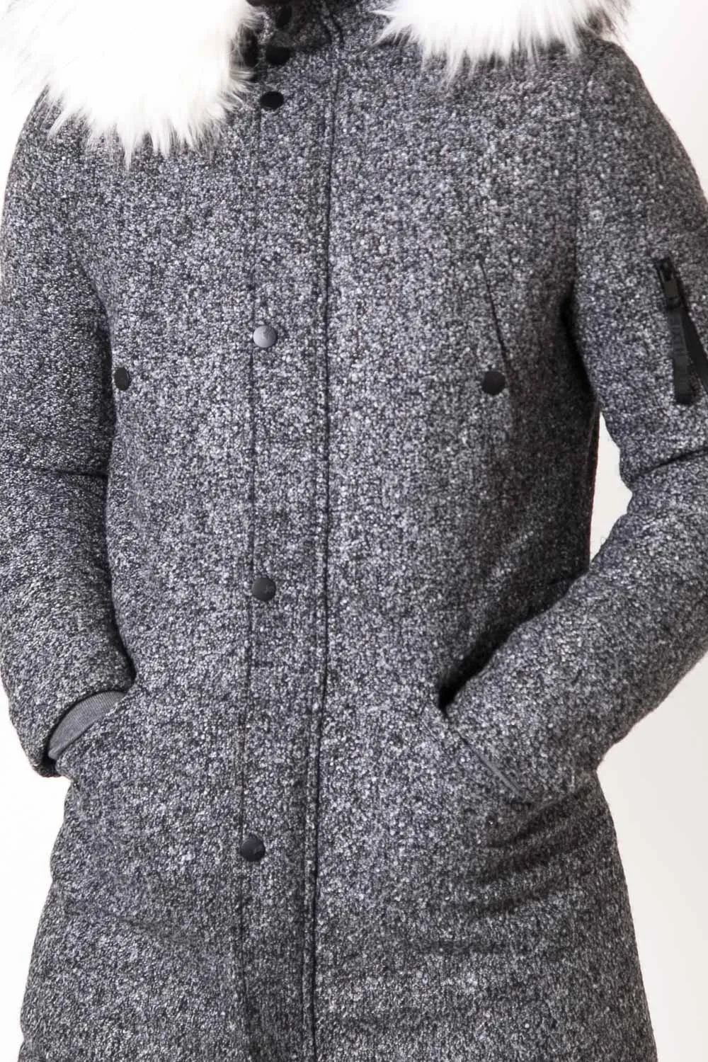 Parka laine large fourrure gris blanc