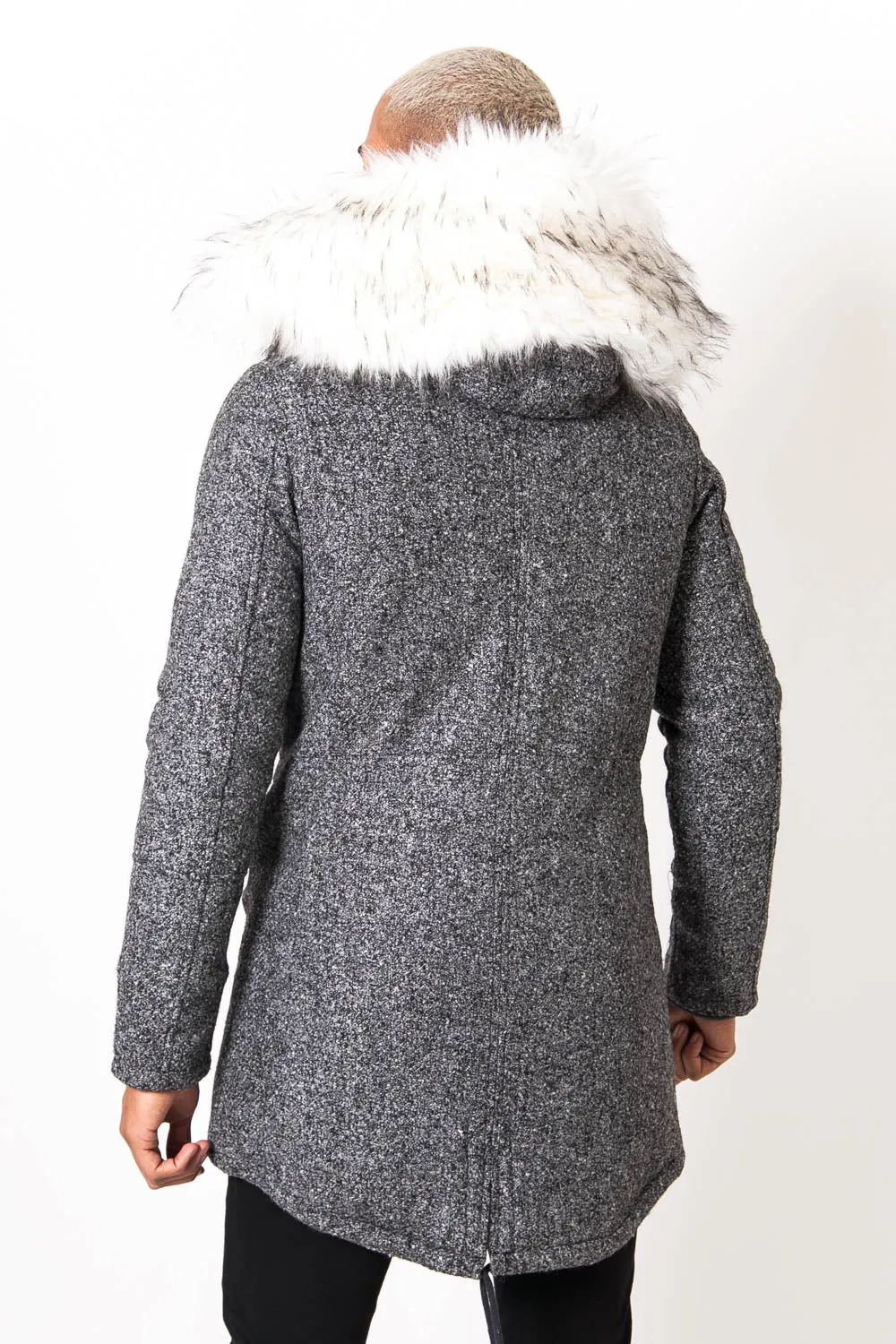 Parka laine large fourrure gris blanc