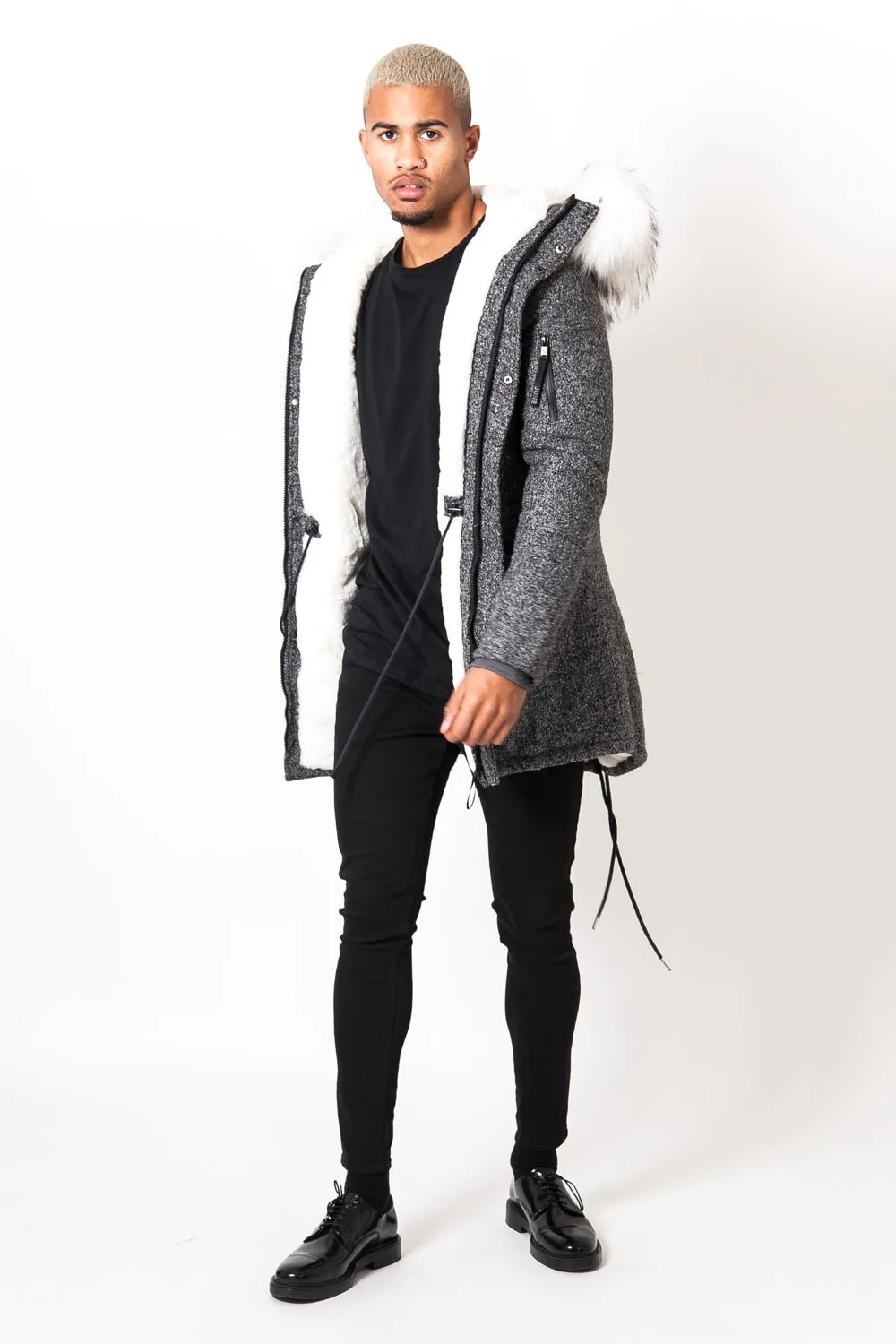 Parka laine large fourrure gris blanc