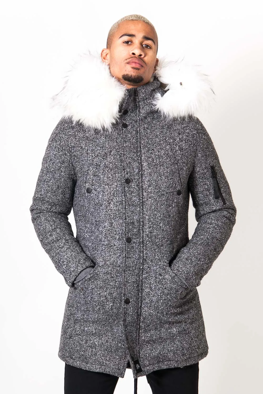Parka laine large fourrure gris blanc
