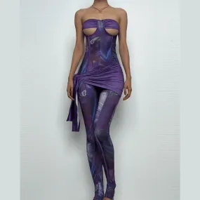 Sweetheart neck ruched irregular print zip-up jumpsuit