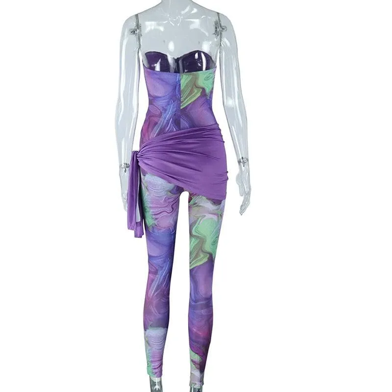 Sweetheart neck ruched irregular print zip-up jumpsuit