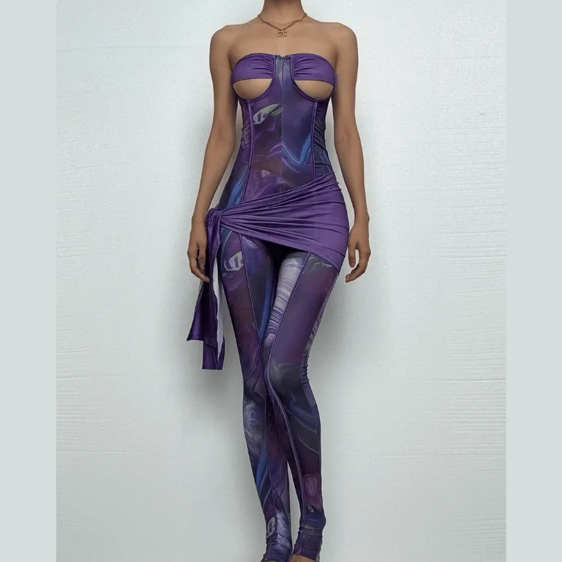 Sweetheart neck ruched irregular print zip-up jumpsuit