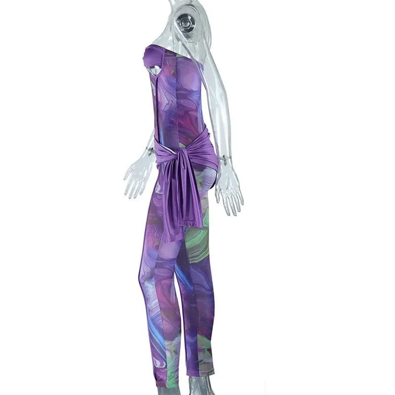 Sweetheart neck ruched irregular print zip-up jumpsuit